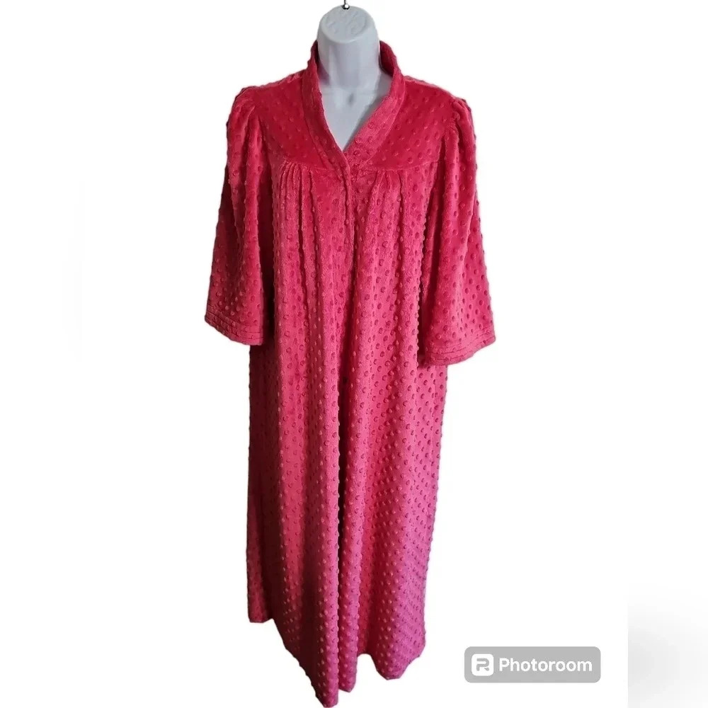 Vintage Womens L Maxi Robe Pink Textured Duster Snap Front Cottagecore Cozy - Picture 2 of 7